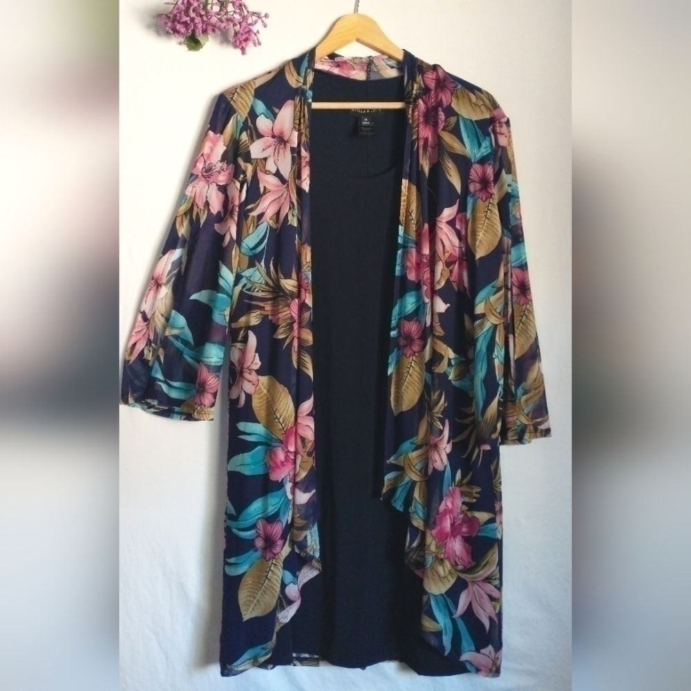 Stella & Julie Floral Flowy Professional Midi Dress Peekaboo Sleeve Size 14